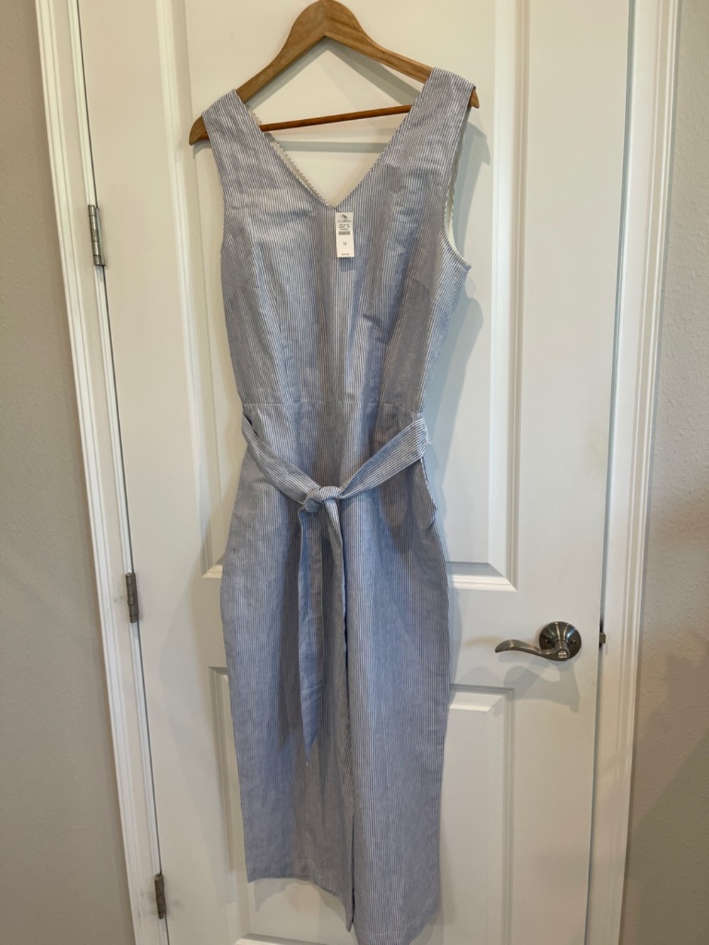 NWT Sleeveless Blue-White Striped Tie-Waist Jumpsuit